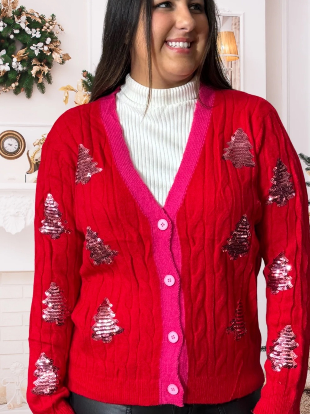 Southern Grace Red Cardigan with Pink Trim and Sequin Trees